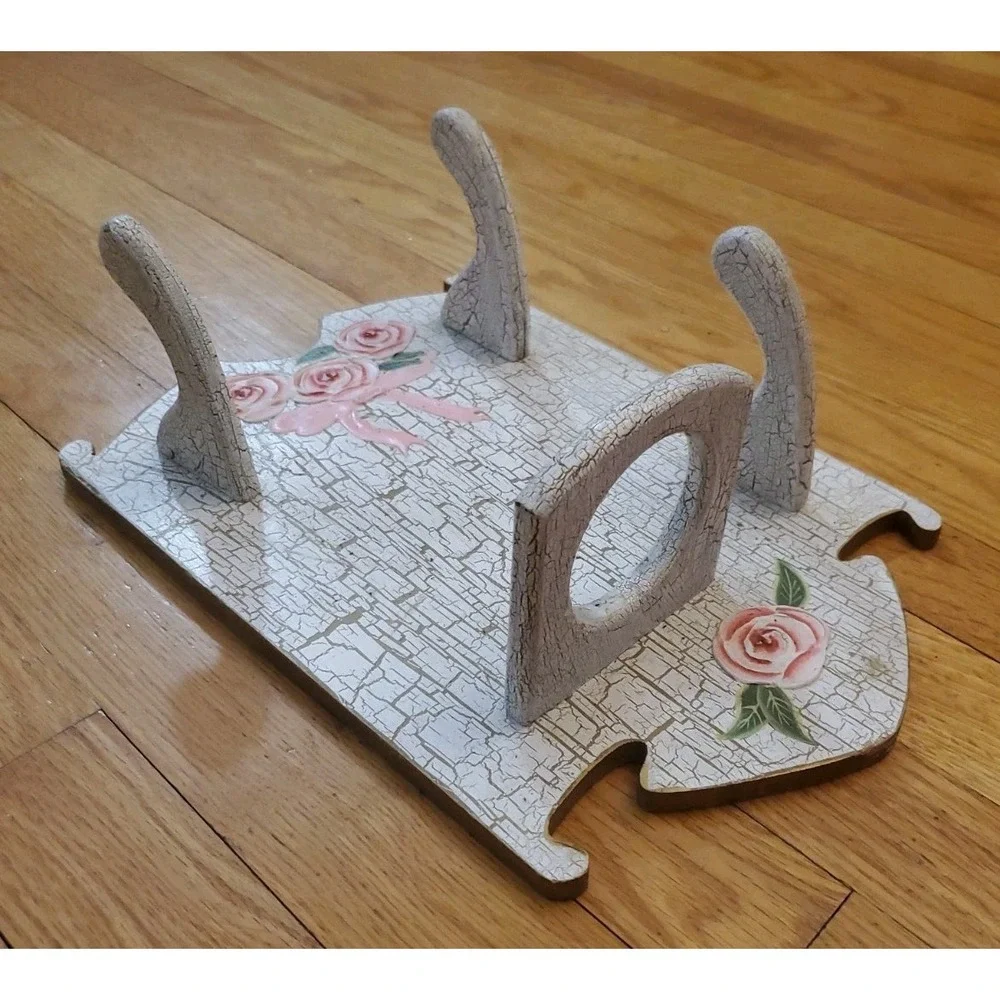 Vintage Shabby Chic Wood Wall Shelf Vanity Organizer Crackle Paint Rose Ribbon